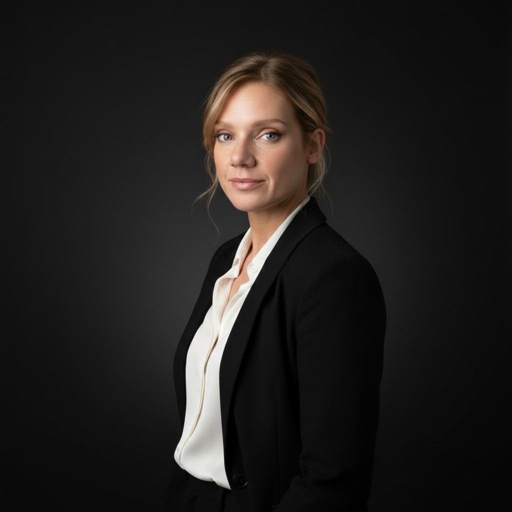 Erin Shea-Browne wearing a black blazer and white blouse